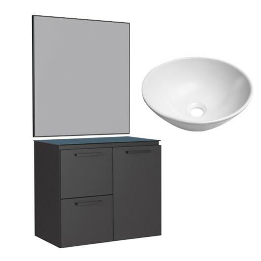 Conjunto Banheiro Aço Gabinete Osiris 60 Com Espelho Gaia e Cuba Cuia Branca Cozimax Preto