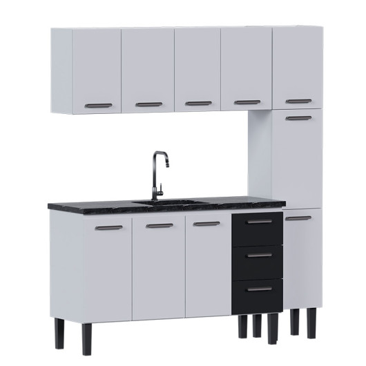 Cozinha Completa de Aço Gabinete Para Pia 150cm com Aéreo e Paneleiro Novo Vênus Cozimax Branco/Preto