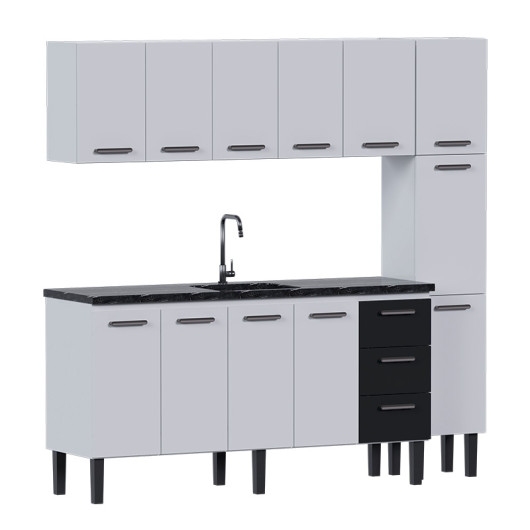 Cozinha Completa de Aço Gabinete Para Pia 180cm com Aéreo e Paneleiro Novo Vênus Cozimax Branco/Preto