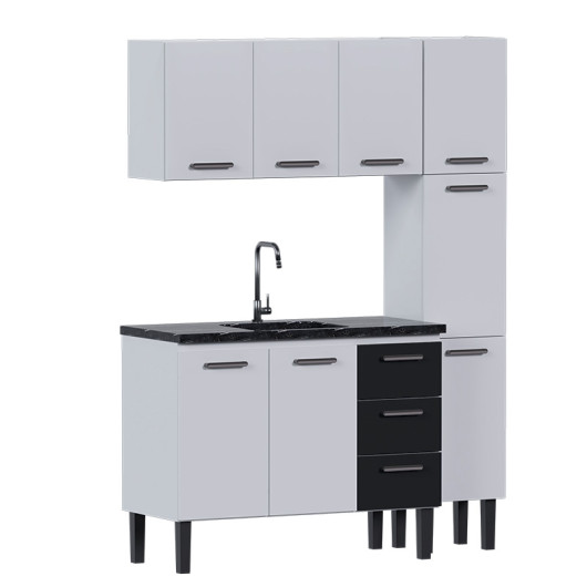 Cozinha Completa de Aço Gabinete Para Pia 120cm com Aéreo e Paneleiro Novo Vênus Cozimax Branco/Preto