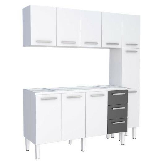 Cozinha Completa de Aço Gabinete Para Pia 160cm com Aéreo e Paneleiro Vênus Cozimax Branco/Preto
