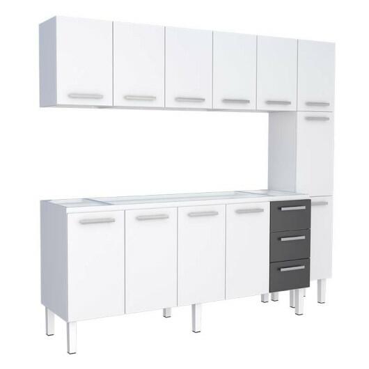 Cozinha Completa de Aço Gabinete Para Pia 200cm com Aéreo e Paneleiro Vênus Cozimax Branco/Preto