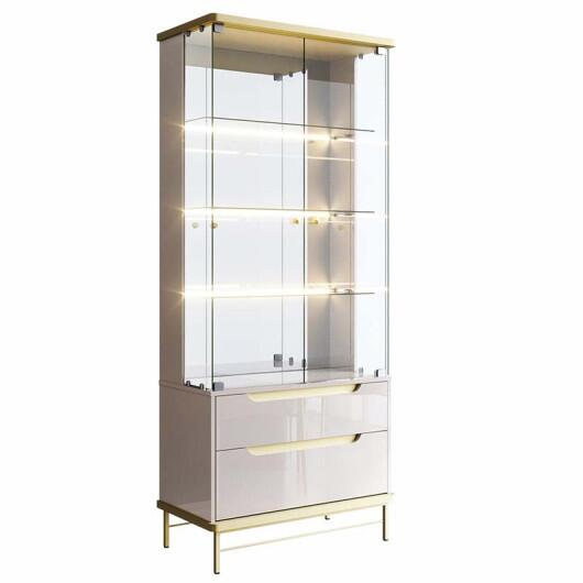 Cristaleira Com LED Vidro e Espelho 182x76cm Adhalia Lukaliam Off White/Dourado