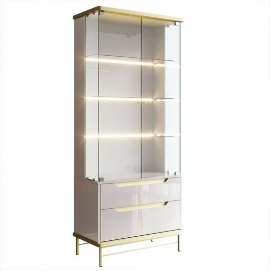 Cristaleira Com LED Vidro 182x76cm Adhalia Lukaliam Off White/Dourado