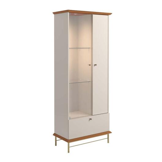 Cristaleira Com LED Vidro e Pés de Aço 180x72cm Império Lukaliam Off White/Jequitiba