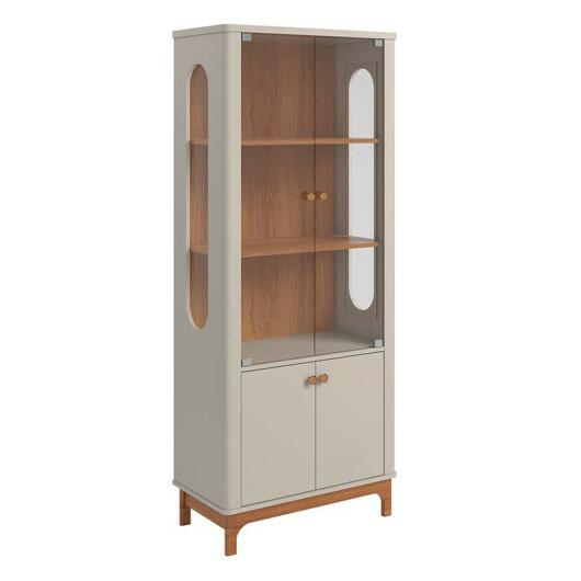 Cristaleira de Vidro e Madeira Sem Espelho 180x74cm Jade Lukaliam Off White/Jequitiba