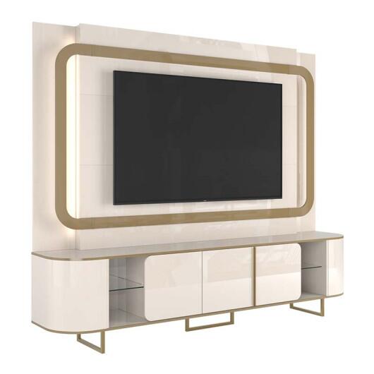 Estante Home Sala 240cm Para TV 75 Pol Atlanta Lukaliam Off White/Dourado