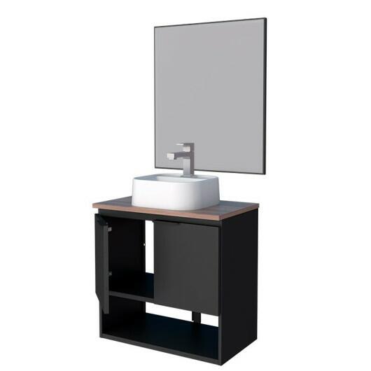 Conjunto Para Banheiro Aço Pequi 60 Com Cuba Duna e Espelho Bisotê Cozimax Preto