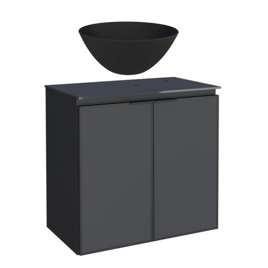 Gabinete Para Banheiro Aço 60x57x33cm Tampo Vidro Com Cuba Cuia Preta Umbu Cozimax Preto
