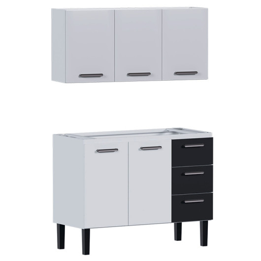 Cozinha de Aço Gabinete Para Pia 120cm com Armário Aéreo Novo Vênus Cozimax Branco/Preto