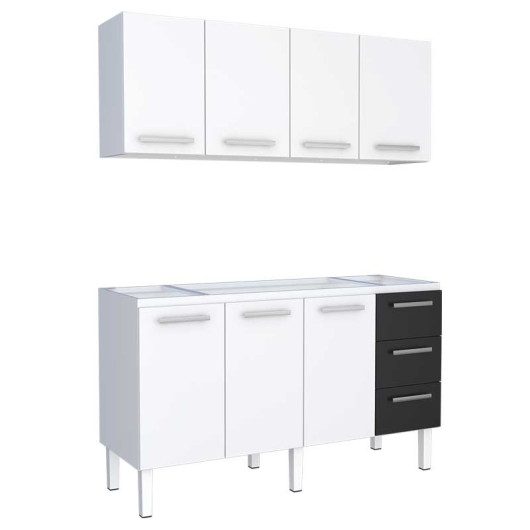 Cozinha de Aço Gabinete Para Pia 150cm com Armário Aéreo Vênus Cozimax Branco/Preto