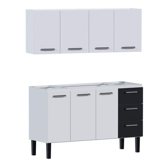 Cozinha de Aço Gabinete Para Pia 150cm com Armário Aéreo Novo Vênus Cozimax Branco/Preto