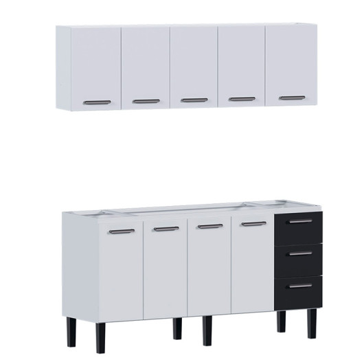 Cozinha de Aço Gabinete Para Pia 180cm com Armário Aéreo Novo Vênus Cozimax Branco/Preto