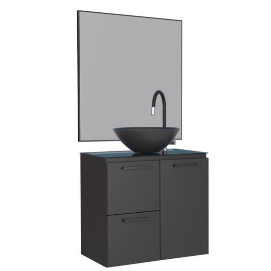 Conjunto Banheiro Aço Gabinete Osiris 60 Com Espelho Gaia e Cuba Cuia Preta Cozimax Preto