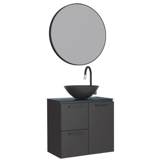 Conjunto Banheiro Aço Gabinete Osiris 60 Com Espelho Luna e Cuba Cuia Preta Cozimax Preto