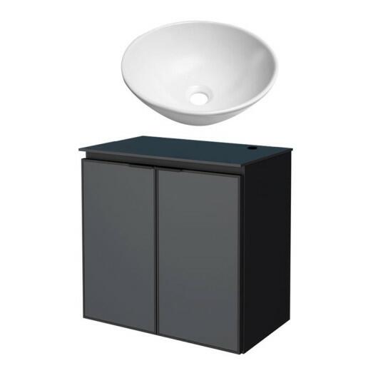 Gabinete Para Banheiro Preto Aço Umbu Tampo Vidro Com Cuba Cuia Branca Cozimax 