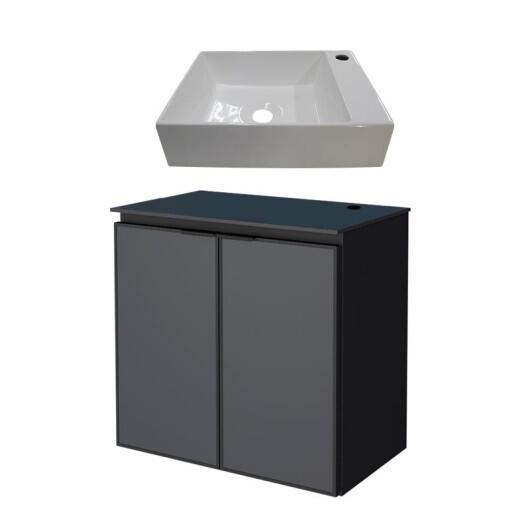 Gabinete Para Banheiro Preto Aço Umbu Tampo Vidro Com Cuba Prisma Base Cozimax 