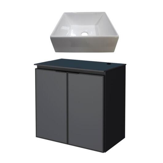 Gabinete Para Banheiro Preto Aço Umbu Tampo Vidro Com Cuba Prisma Cozimax 