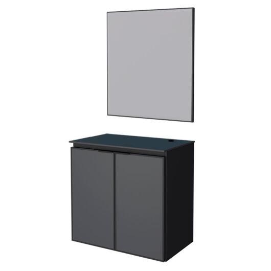 Conjunto Banheiro Aço Gabinete Umbu 60 Tampo Vidro Com Espelho Bisotê Cozimax Preto