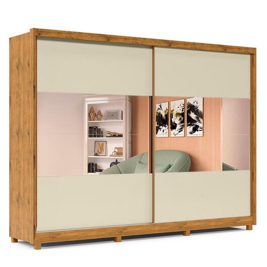 Guarda Roupa Grande 2 Portas com Espelho 100% MDF 278x239x63 Apolo Gelius Madeirado/Off White