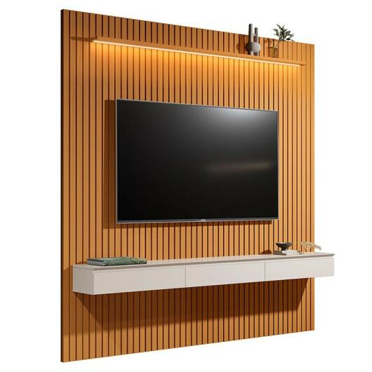 Home Suspenso Ripado Led 3 Gavetas 230cm Para TV 85" Colorado EDN Cedro/Off White