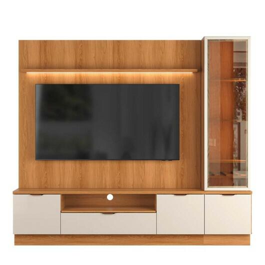 Estante Home + 1 Cristaleira Sala 225cm Para TV 75 Pol Atenas Lukaliam Jequitiba/Off White