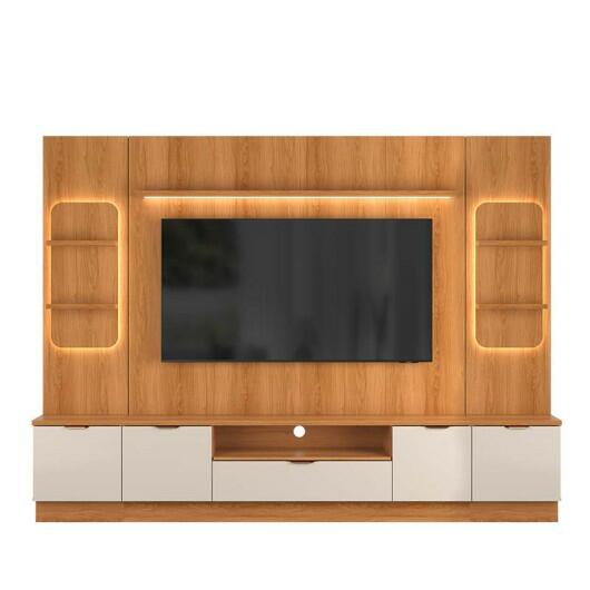Estante Home + 2 Torres Sala 270cm Para TV 75 Pol Atenas Lukaliam Jequitiba/Off White