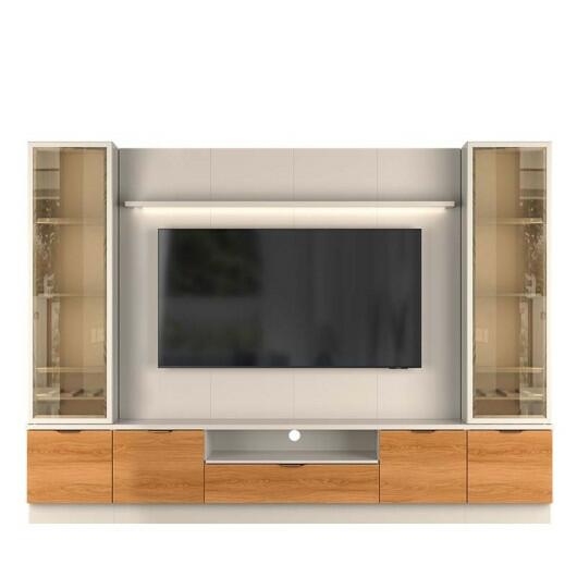 Estante Home + 2 Cristaleiras Sala 270cm Para TV 75 Pol Atenas Lukaliam Off White/Jequitiba
