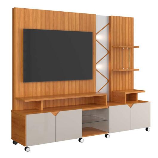 Estante Home 210cm Sala Para TV 55 Pol Com LED Cross 2.1 Lukaliam Jequitiba/Off White Perolizado