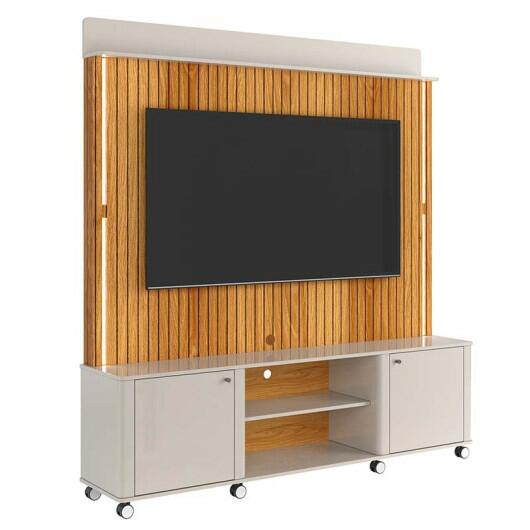 Estante Home Rack Painel Para TV 75 Pol 183cm Florença Lukaliam Off White/Freijo Ripado 3D