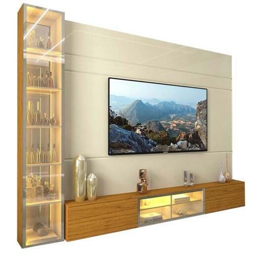 Home Com Cristaleira Para TV 85 Pol Com LED 255cm Luminare Gelius Off White/Naturale 