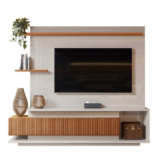 Estante Home Sala 210cm Para TV 65 Istambul Lukaliam Off White/Jequitiba Ripado 3D
