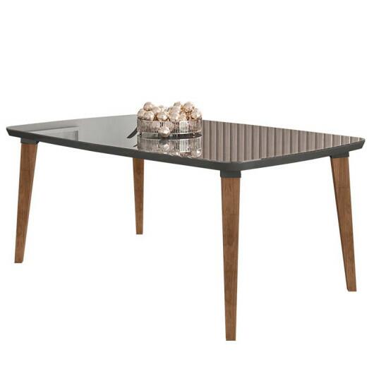 Mesa de Jantar Retrô Tampo Vidro 170x90x78 Pés Trapézio Jade RV Móveis Grafite