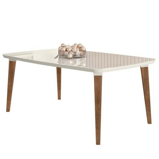 Mesa de Jantar Retrô Tampo Vidro 170x90x78 Pés Trapézio Jade Móveis Off White