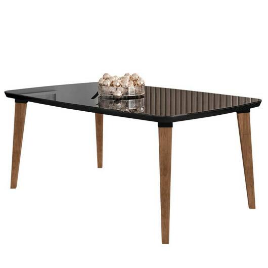 Mesa de Jantar Retrô Tampo Vidro 170x90x78 Pés Trapézio Jade RV Móveis Preto