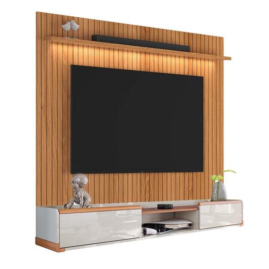Painel Évora para TV 75” com Bancada Atlas 180cm Lukaliam Jequitiba Ripado 3D/Off White