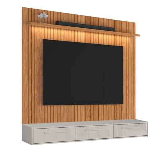 Painel Évora para TV 75” com Bancada Bali 180cm Lukaliam Jequitiba Ripado 3D/Off White