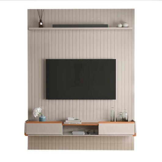 Painel Frisado 191x250cm Oslo Para TV 75 Bancada Atlas Lukaliam Off White/Jequitiba