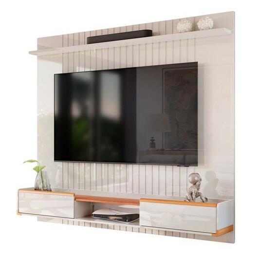 Painel Ripado Suspenso Para TV 70 Polegadas 186cm Atlas Lukaliam Off White Perolizado/Jequitiba