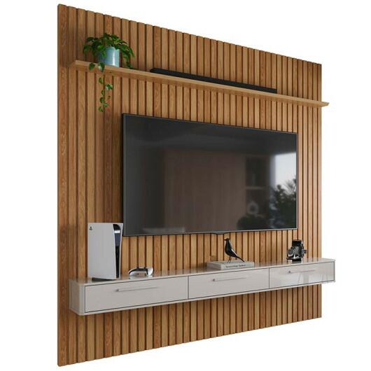 Painel Ripado Bali 232cm x 250cm TV 75 Polegadas Bancada Bali 2.4 Lukaliam Freijo/Off White