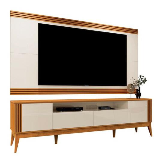 Rack Com Painel Ripado Para TV 75 Polegadas Brunt 220cm EAX Móveis Cedro/Off White