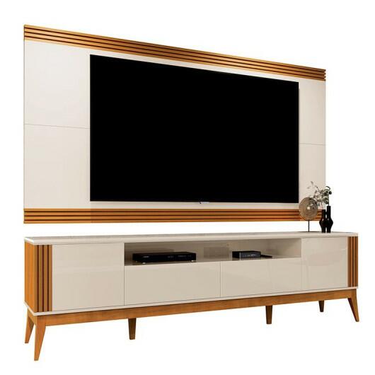 Rack Com Painel Ripado Para TV 75 Polegadas Brunt 220cm EAX Móveis Off White/Cedro