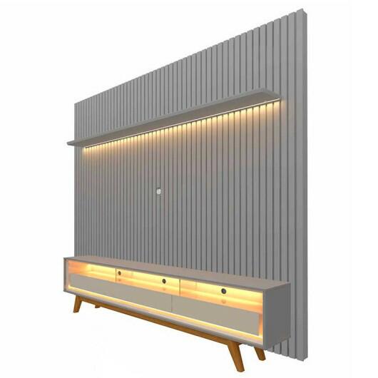 Rack Requinte Pés Madeira com Painel Ripado Nobre 230cm LED TV 85 Polegadas Gelius Cinza/Off White