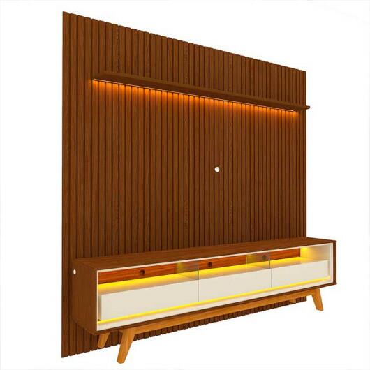 Rack Requinte Pés Madeira com Painel Ripado Nobre 230cm LED TV 85 Polegadas Gelius Castanho/Off White