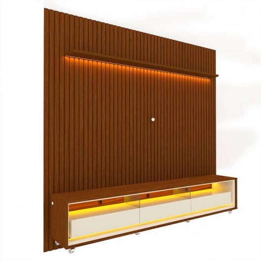Rack Requinte Pés Rodízios com Painel Ripado Nobre 230cm LED TV 85 Polegadas Gelius Castanho/Off White