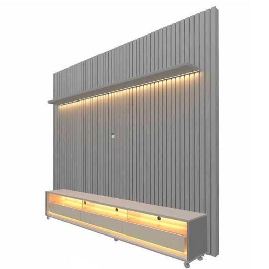 Rack Requinte Pés Rodízios com Painel Ripado Nobre 230cm LED TV 85 Polegadas Gelius Cinza/Off White