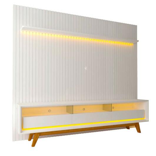 Rack Requinte Pés Madeira com Painel Ripado Nobre 230cm LED TV 85 Polegadas Gelius Branco