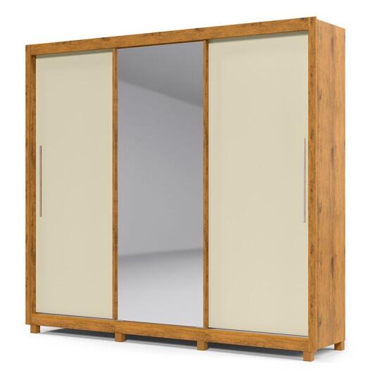 Guarda Roupa Grande Casal 3 Portas Correr 1 Porta de Espelho e Pés 228x226 Royale Gelius Madeirado/Off White