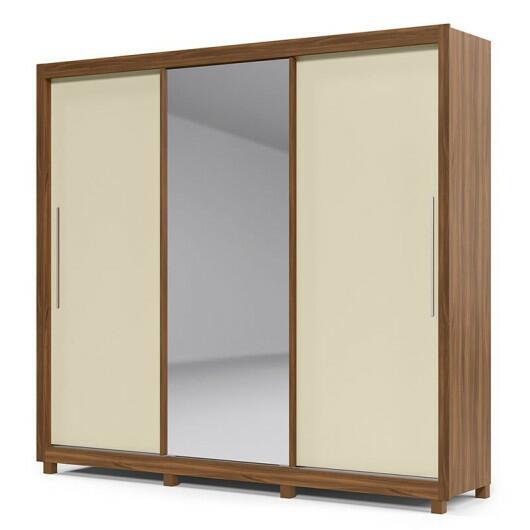Guarda Roupa Casal Solteiro 3 Portas Correr 1 Porta de Espelho e Pés 228cm Royale Gelius Nogueira/Off White