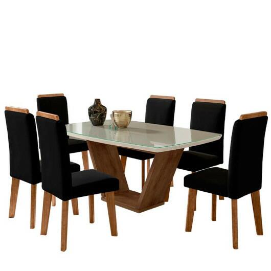 Conjunto Mesa Jantar com 06 Cadeiras Diamante RV Móveis Cinamomo/Grafite/Preto